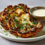 Raw thick-cut cauliflower steaks being coated in a savory roasted spice blend and Panko breadcrumbs.