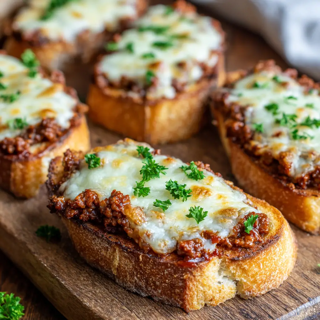 The Ultimate Cheesy Sloppy Joe Garlic Bread 2 Close-up of golden brown cheese bubbles and fresh green parsley on top of sloppy joe meat on toasted French bread.