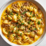 Ultimate Creamy Cheeseburger Macaroni Soup Close up view of the ingredients for Cheeseburger Macaroni Soup including plump elbow macaroni and savory ground beef.