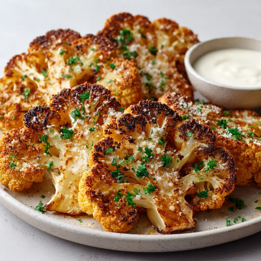Crispy Baked Cauliflower Steaks 2 Freshly roasted Crispy Baked Cauliflower Steaks with deeply charred edges on a baking sheet lined with parchment paper.