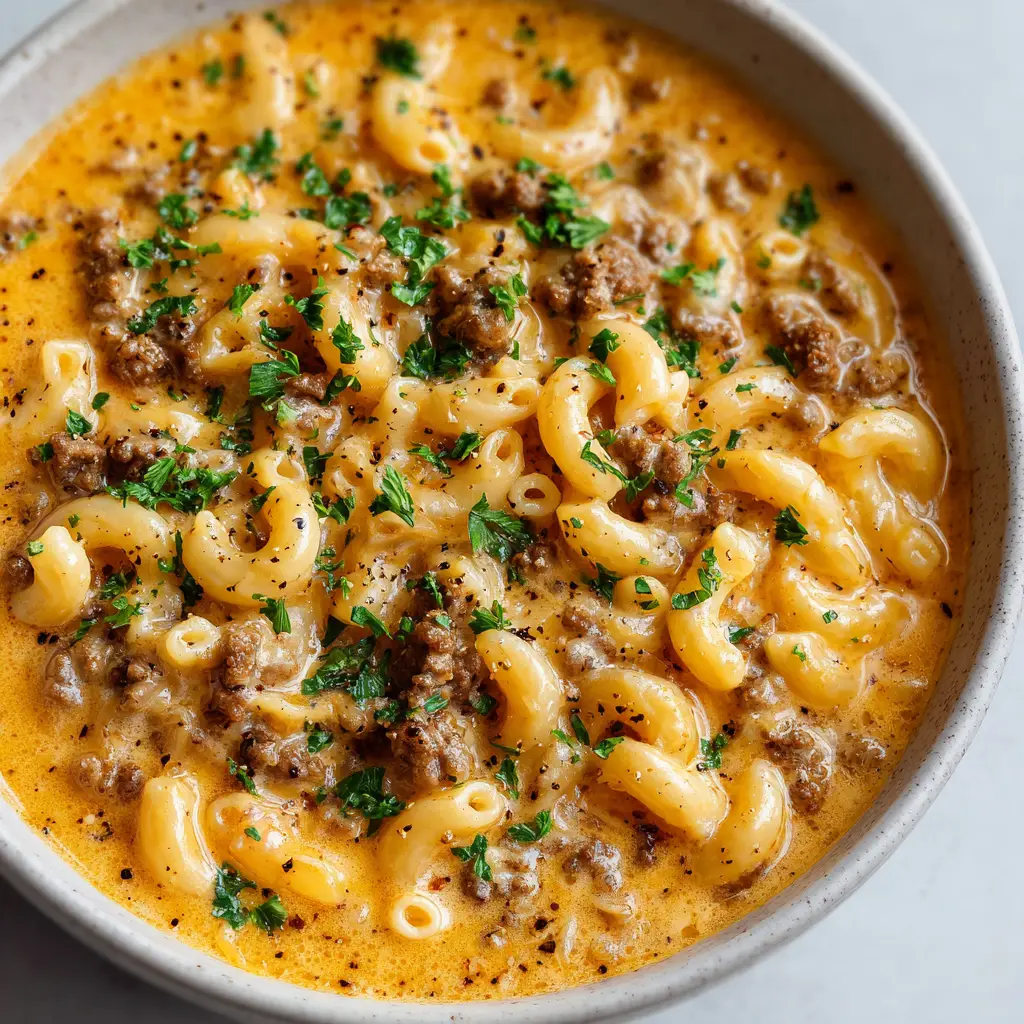 Spoon lifting velvety thick orange-yellow melted cheddar cheese broth from a bowl of Cheeseburger Macaroni Soup.