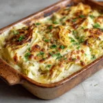 Thick wedges of tender green cabbage pre-roasted before being covered in cheese sauce.