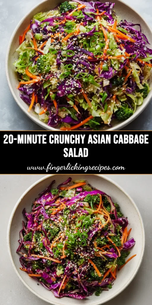 A large shallow white bowl filled with vibrant Asian Cabbage Salad topped with sesame seeds and scallions.