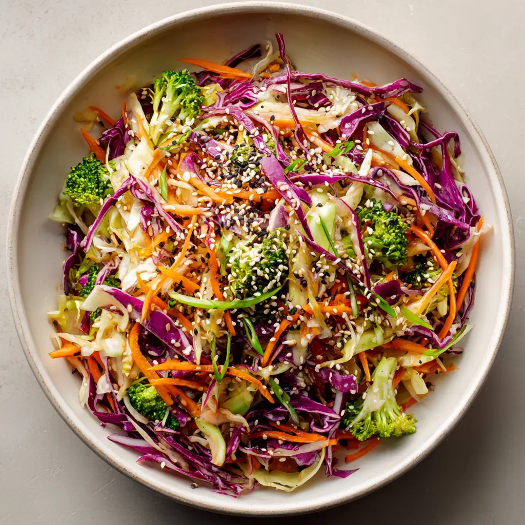 Close-up of Asian Cabbage Salad tossed in a semi-translucent golden-brown sesame-ginger dressing.