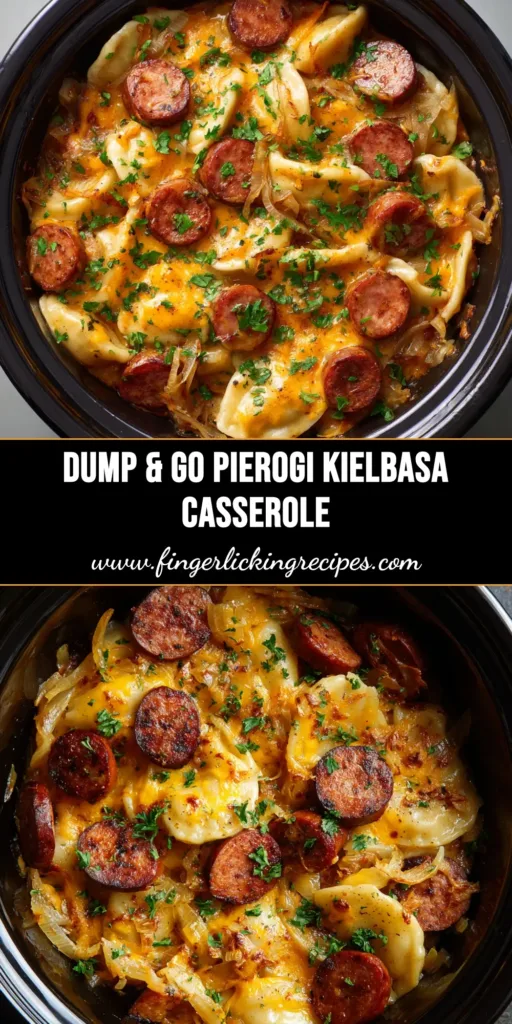 Ultimate Crockpot Pierogi Casserole with Kielbasa & Cheese 5 Close up view of Crockpot Pierogi Casserole with melted gooey cheese, charred kielbasa, and green parsley garnish.