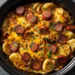 Overhead shot of hearty Crockpot Pierogi Casserole inside a black ceramic slow cooker insert, bubbling with cheddar and mozzarella.