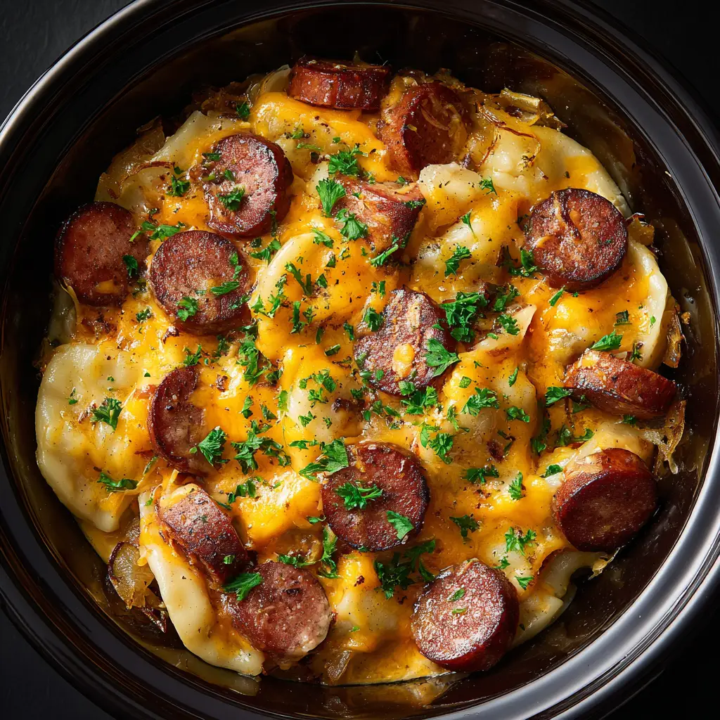 Ultimate Crockpot Pierogi Casserole with Kielbasa & Cheese 2 A bubbling Crockpot Pierogi Casserole featuring thick-sliced charred kielbasa and golden brown caramelized onions nestled under cheese.