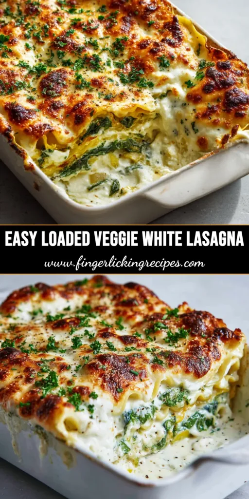 A freshly baked loaded veggie white lasagna in a rectangular white ceramic dish featuring golden-brown melted mozzarella, charred crispy spots, ruffled noodles, creamy white béchamel, smooth ricotta, and vibrant layers of chopped spinach, yellow squash, and diced green zucchini.