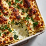 Ultimate Loaded Veggie White Lasagna Close-up view of ruffled lasagna noodles layered with thick creamy white béchamel sauce, smooth ricotta cheese, and bright green chopped spinach.