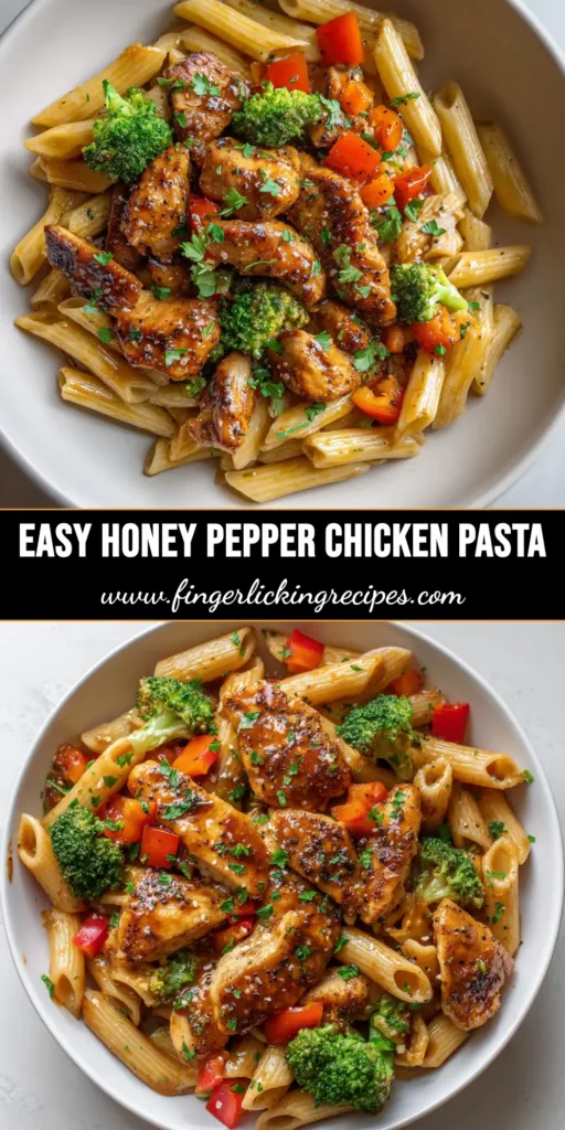 The Best Sticky & Sweet Honey Pepper Chicken Pasta Recipe 5 Close-up overhead shot of honey pepper chicken pasta in a shallow matte white ceramic bowl, featuring penne coated in a glossy medium-brown sauce, golden-brown chicken chunks, bright green broccoli, and coarse cracked black pepper.