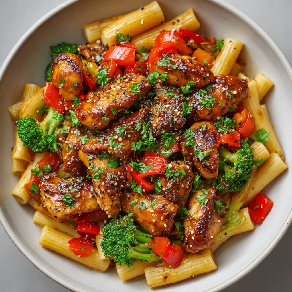 The Best Sticky & Sweet Honey Pepper Chicken Pasta Recipe 3 Raw ingredients for Honey Pepper Chicken Pasta including penne, raw chicken, red bell peppers, broccoli, honey, soy sauce, and coarse black pepper.