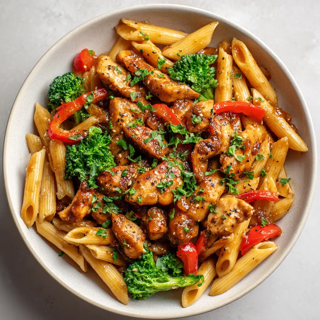 The Best Sticky & Sweet Honey Pepper Chicken Pasta Recipe 2 Pan-seared chicken chunks with a golden-brown caramelized crust tossing in a glossy medium-brown honey sauce with tubular penne.