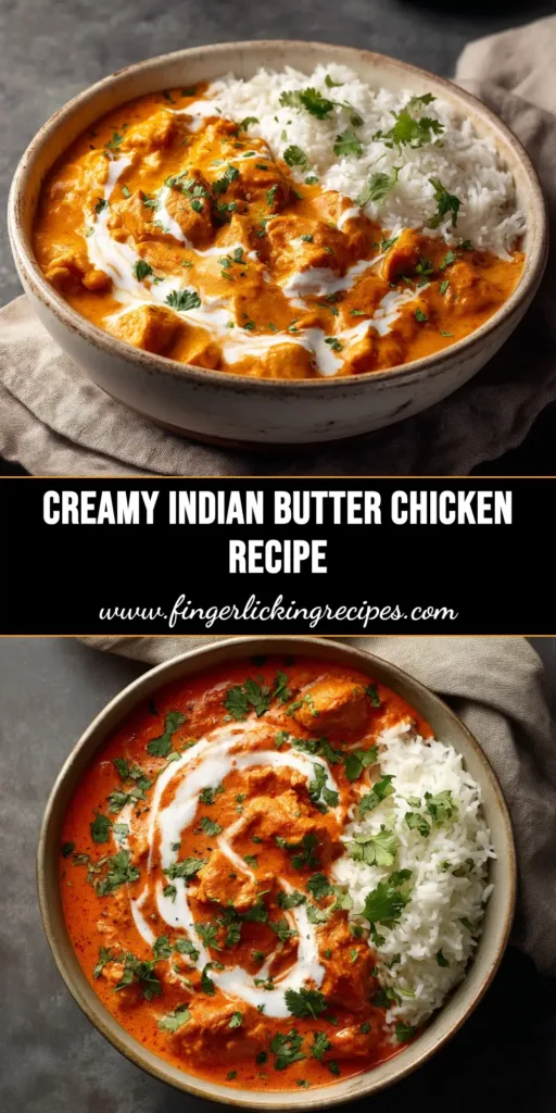 An authentic Indian Butter Chicken Recipe in a traditional karahi, garnished with cream and cilantro, with naan bread on the side. The perfect easy murgh makhani for dinner.