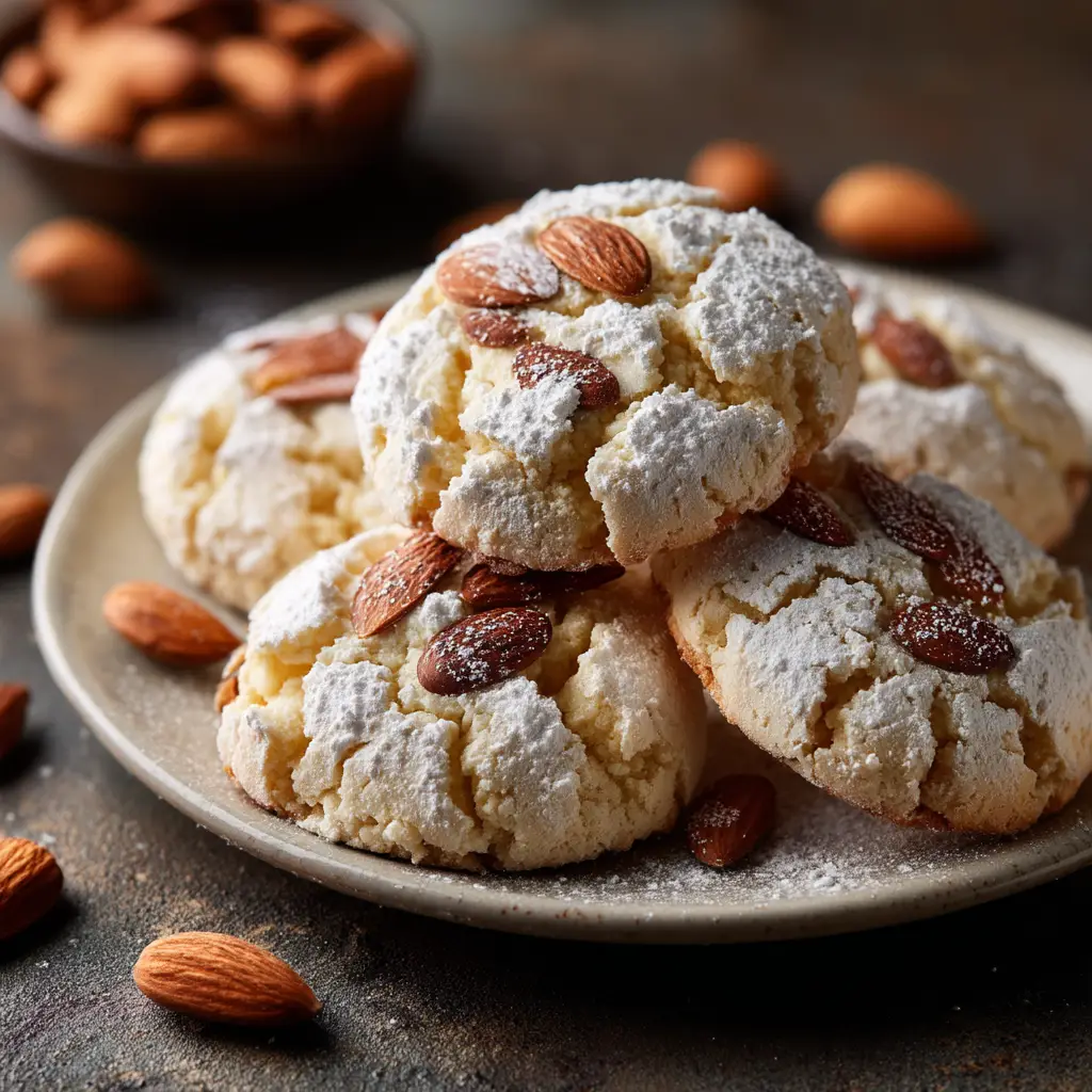 The soft, sticky dough for Italian almond ricotta cookies being scooped onto a parchment-lined baking sheet. This illustrates how easy the cookie dough is to work with.