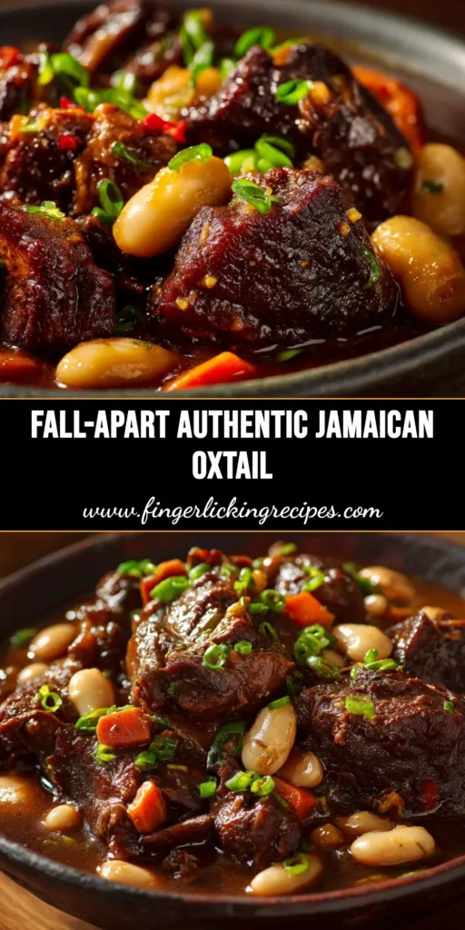 A stunning overhead shot of the finished Jamaican Oxtail Recipe in a white bowl, showing tender meat in a rich, dark gravy, garnished with fresh herbs.