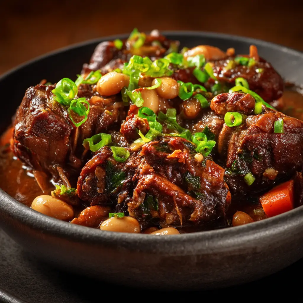 A bowl of authentic Jamaican oxtail served with traditional rice and peas, ready to be eaten.