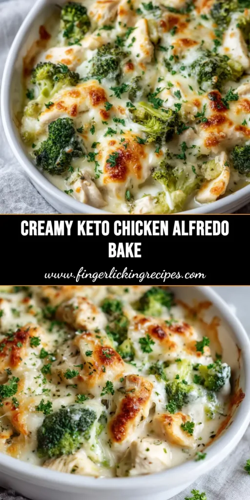 A delicious Keto Chicken Alfredo Broccoli Bake in a white casserole dish, ready to be served. The top is golden brown and bubbly.