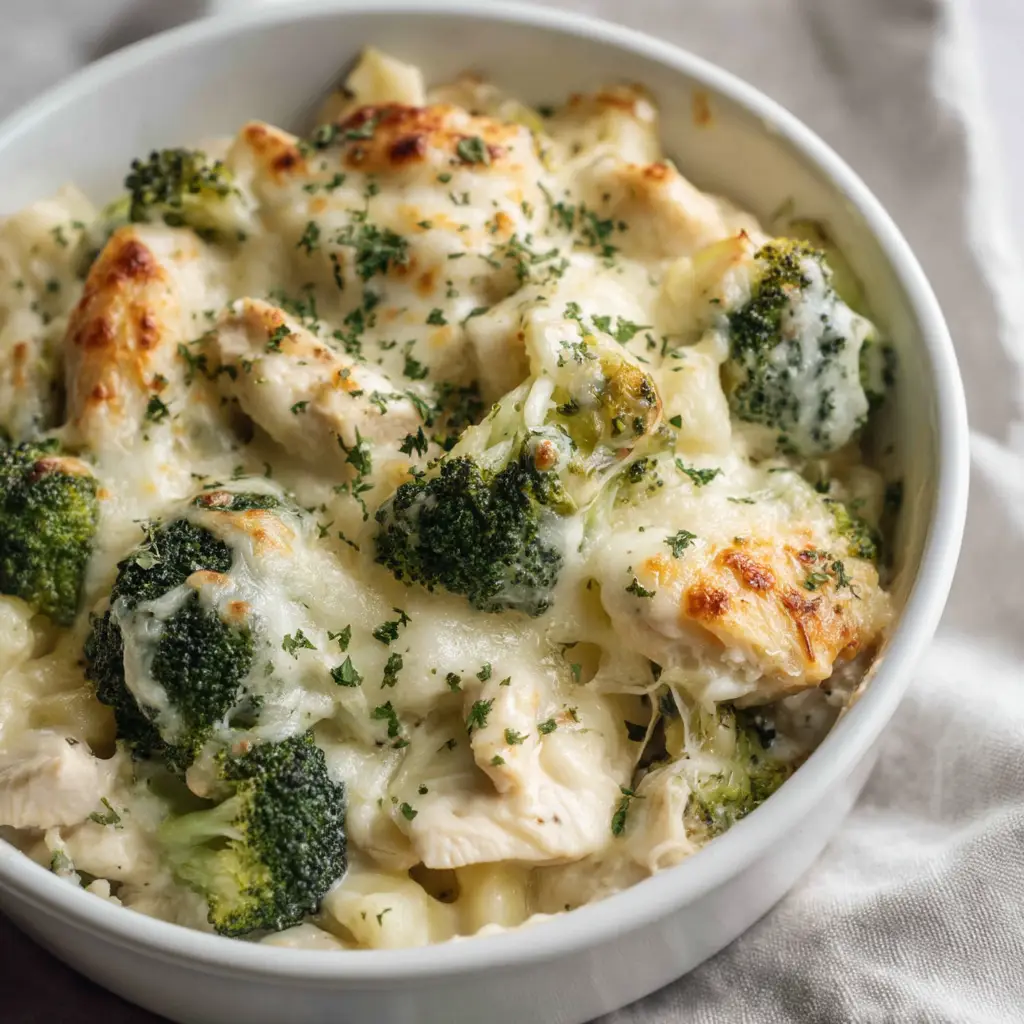 A spoonful of the keto chicken broccoli alfredo bake being lifted from the casserole dish, with a cheese pull.