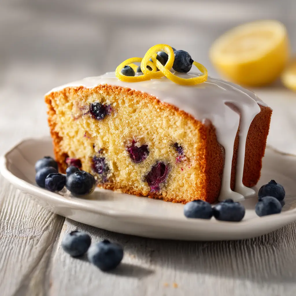 The lemon blueberry pound cake batter being folded gently in a mixing bowl with fresh blueberries visible.