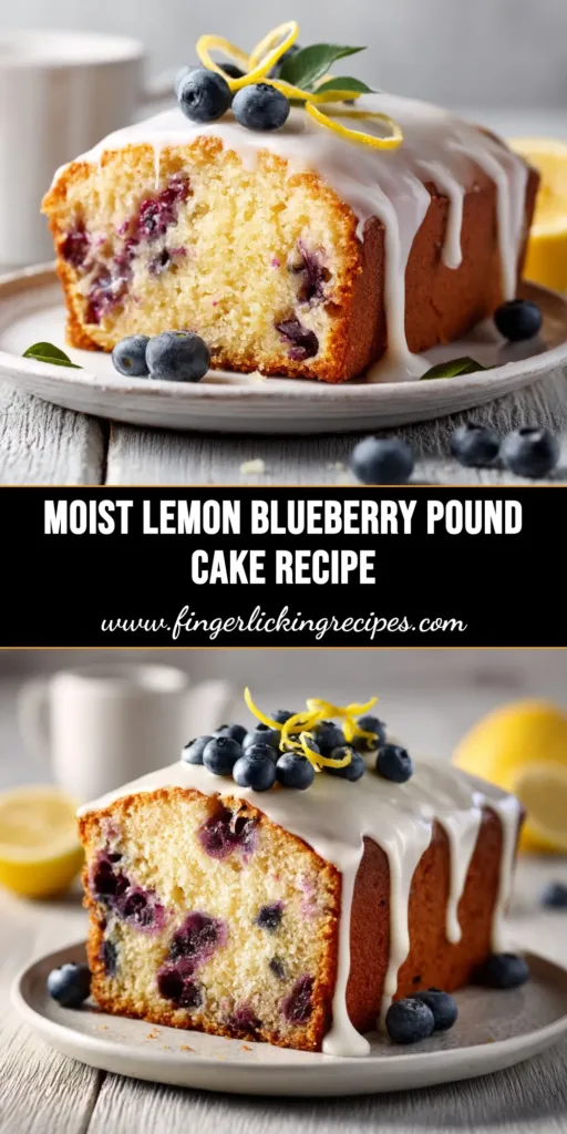 A beautiful hero shot of the Lemon Blueberry Pound Cake on a rustic wooden board, with a slice cut out to show the moist crumb and juicy blueberries inside.