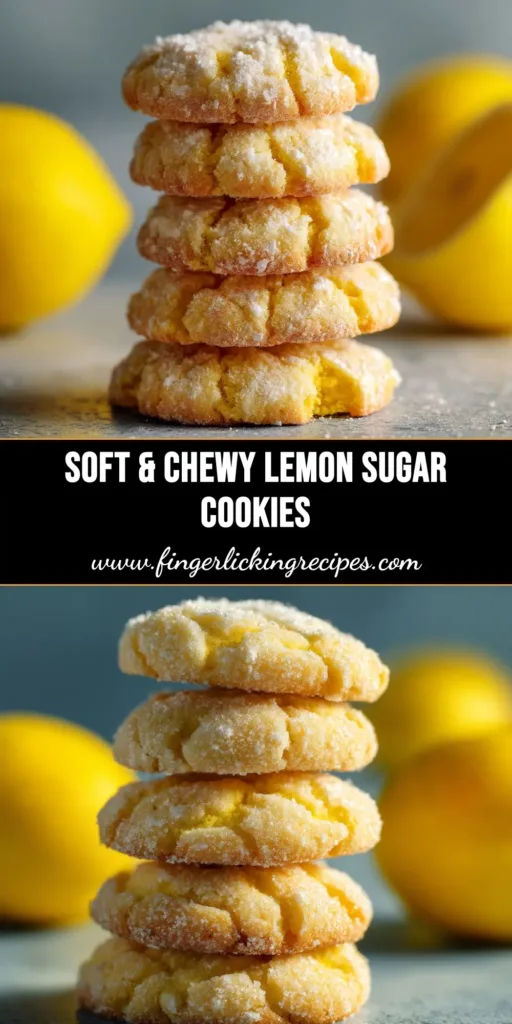 A stack of soft and chewy lemon sugar cookies with a crinkled, sugar-coated top. The perfect easy lemon sugar cookie recipe.