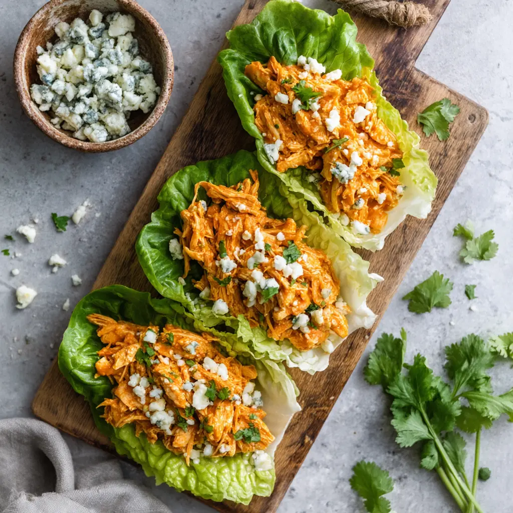 A platter of low-carb buffalo chicken wraps ready to be served as a party appetizer.