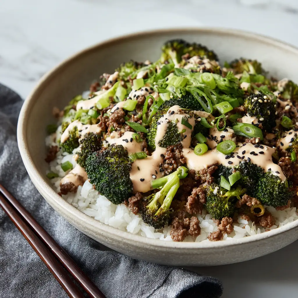Step-by-step process of cooking ground beef and broccoli in a large skillet, showing the sauce being poured in.