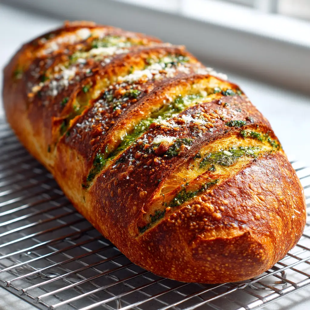 The process of spreading pesto and Parmesan cheese over stretched sourdough dough before shaping the loaf.