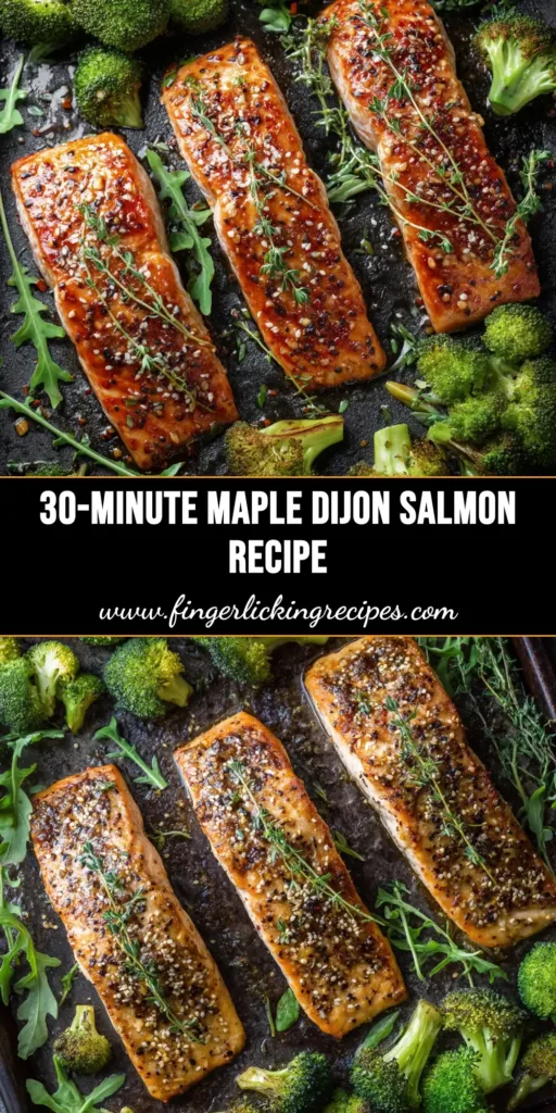 A close-up shot of a perfectly baked Maple Dijon Salmon fillet, glazed and garnished with fresh herbs. The quick and easy recipe is perfect for a healthy weeknight dinner.