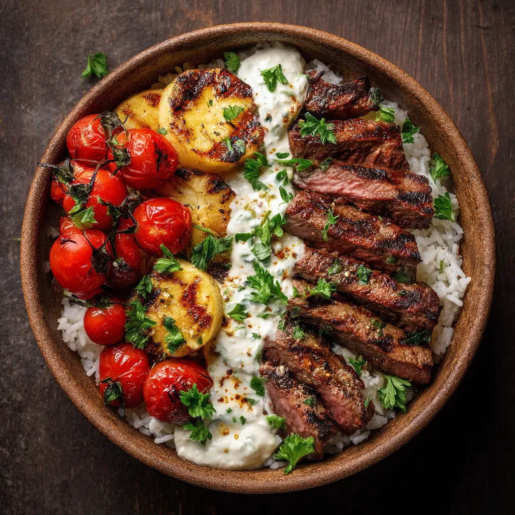 A close-up shot of the juicy, sliced steak and fresh toppings in the Mediterranean beef bowl, highlighting the vibrant colors and fresh ingredients.