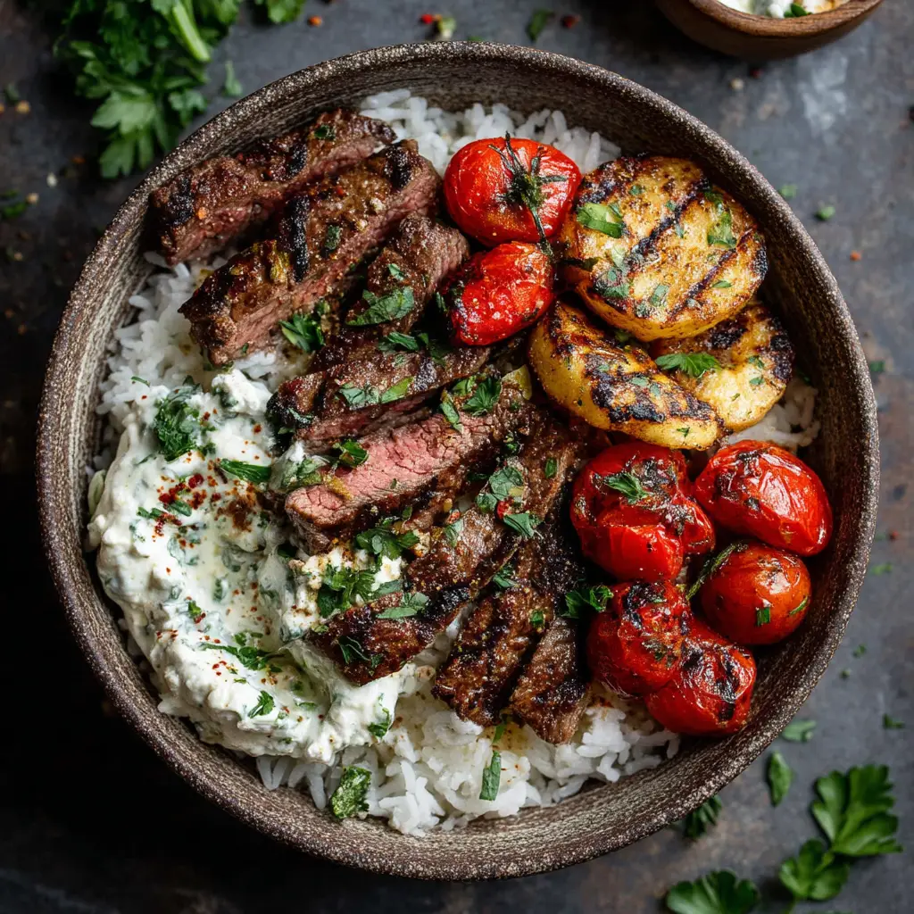 A top-down view of a completed Mediterranean Steak Bowl, showing the colorful arrangement of sliced steak, quinoa, cucumbers, tomatoes, feta, and olives.