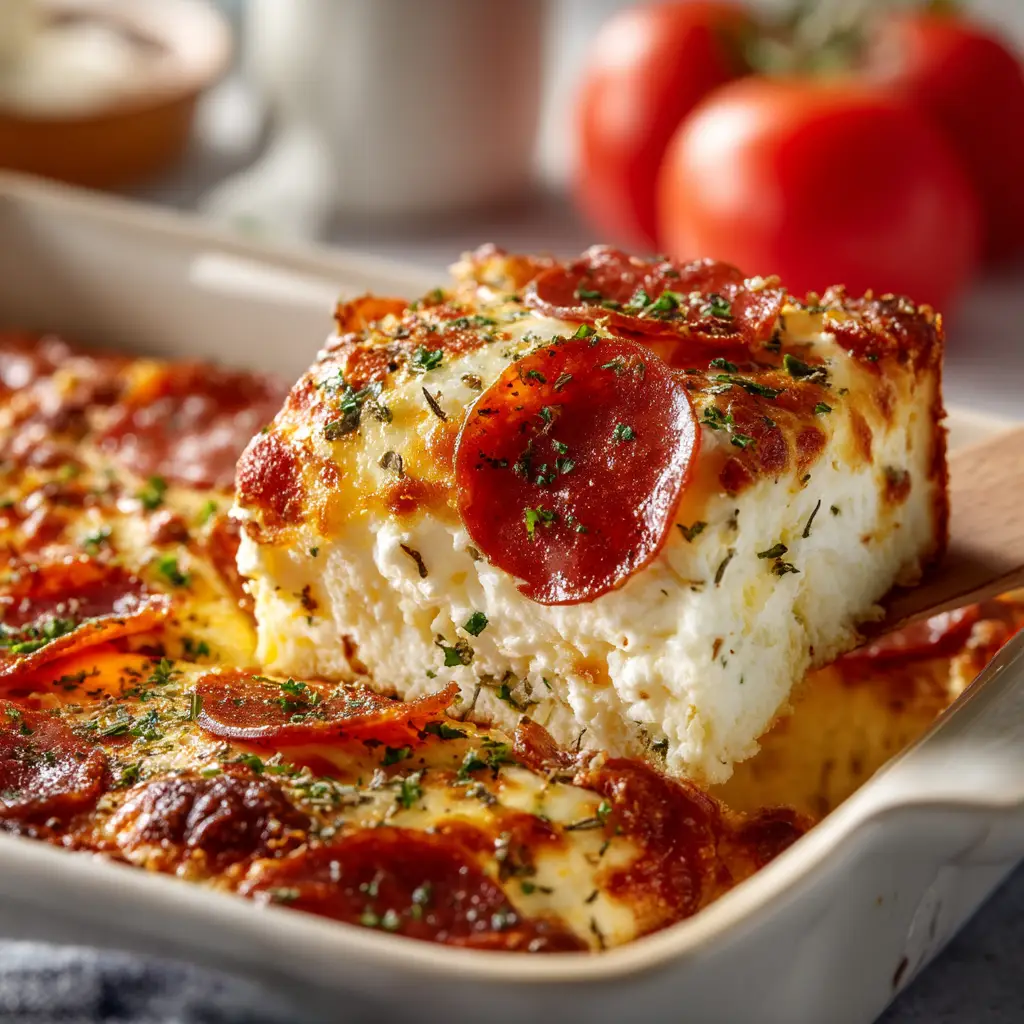 A close-up of the ingredients for the Cottage Cheese Pizza Bake being mixed in a bowl. This shows how easy the low-carb pizza recipe is to prepare.