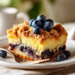A square of sour cream coffee cake with blueberries, with a piece being lifted by a fork to show the moist and tender texture inside.
