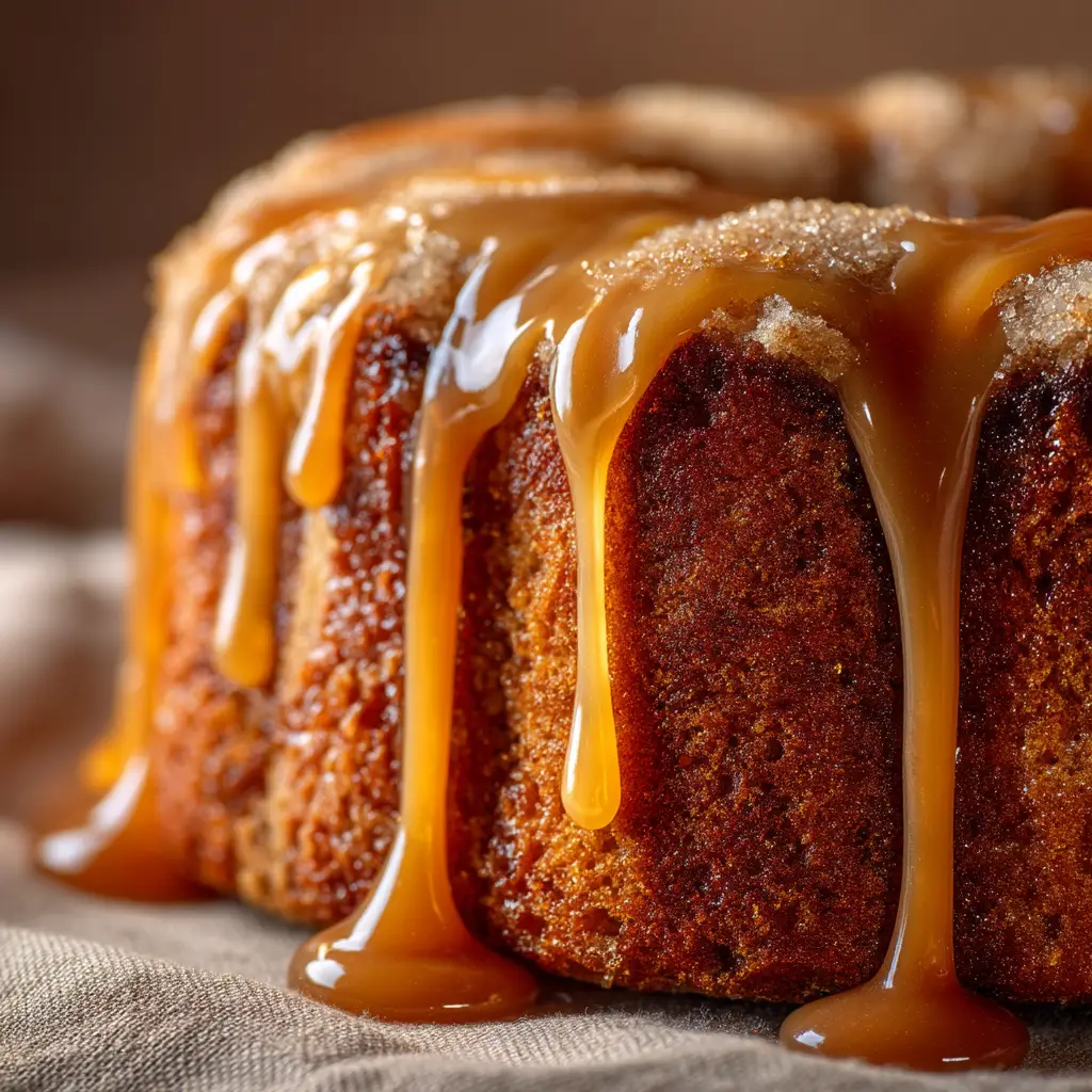 An extreme close-up shot of a slice of moist brown sugar pound cake, showing the tender, buttery crumb and the thick caramel glaze.