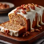 A full Butter Pecan Loaf Cake resting on a wire rack with a rich brown butter glaze dripping down the sides. The setting is bright and inviting.