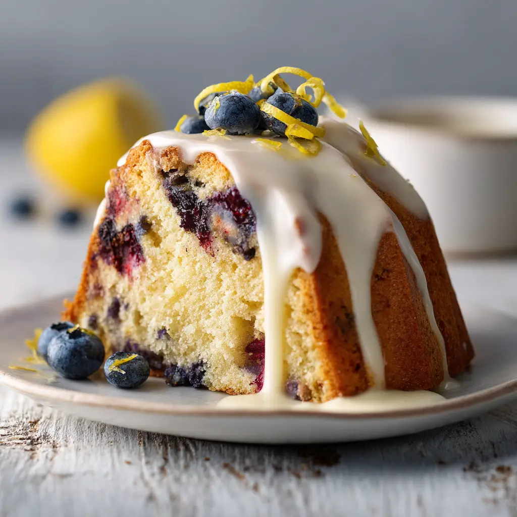 A close-up shot of a thick slice of moist lemon pound cake with blueberries, showing the perfect crumb and texture.
