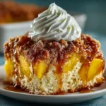 A close-up view of the moist crumb and juicy peaches in a serving of peach poke cake.