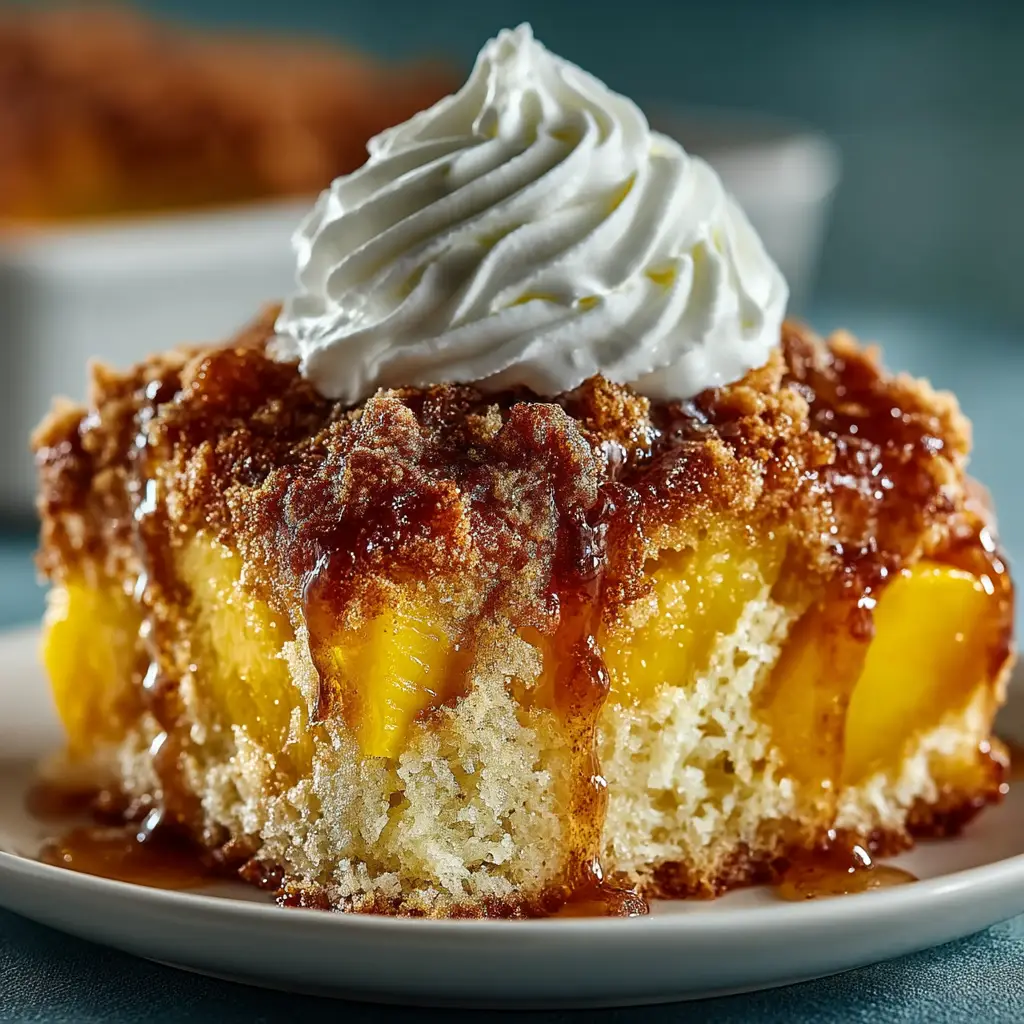 A close-up view of the moist crumb and juicy peaches in a serving of peach poke cake.