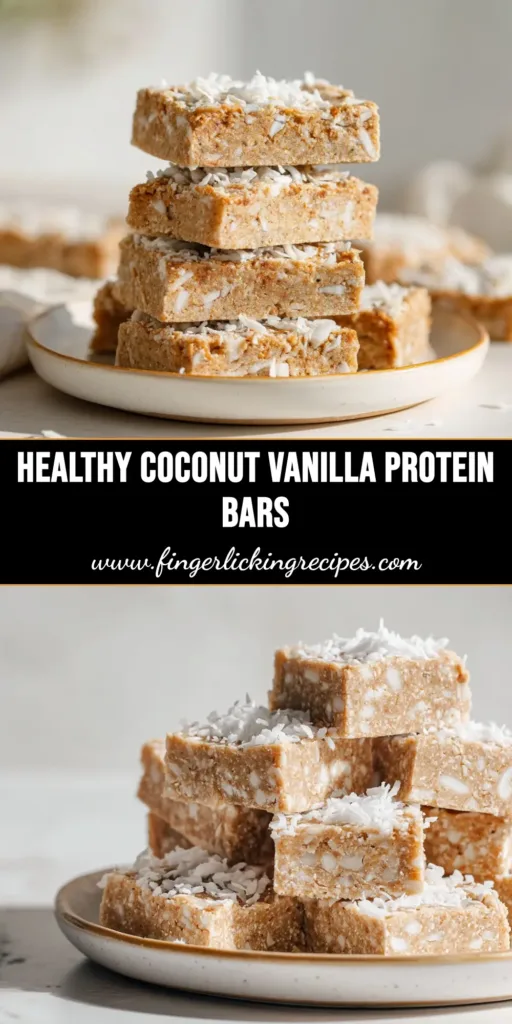 A stack of homemade coconut vanilla protein bars on parchment paper, with a bite taken out of the top one, showcasing the chewy texture.