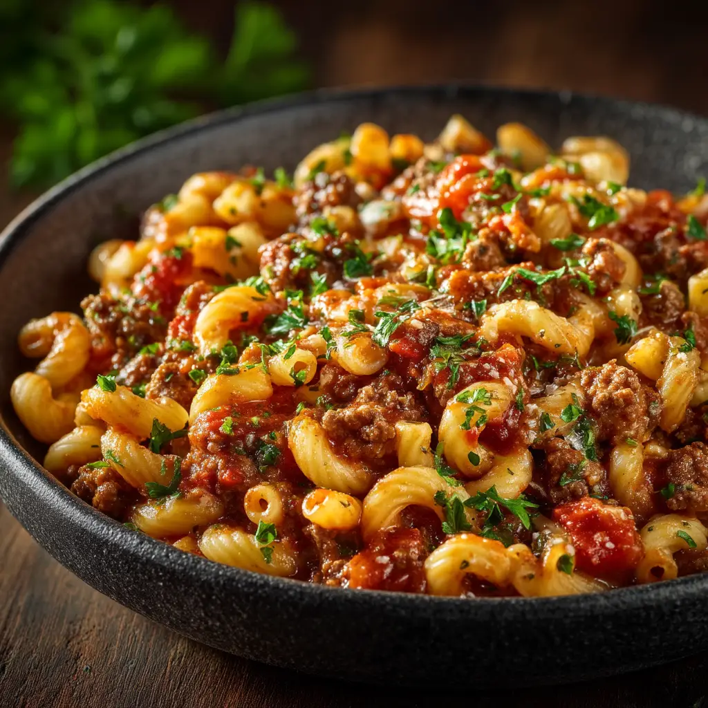 The ingredients for one pot beefaroni laid out, including ground beef, macaroni, tomato sauce, and cheddar cheese.