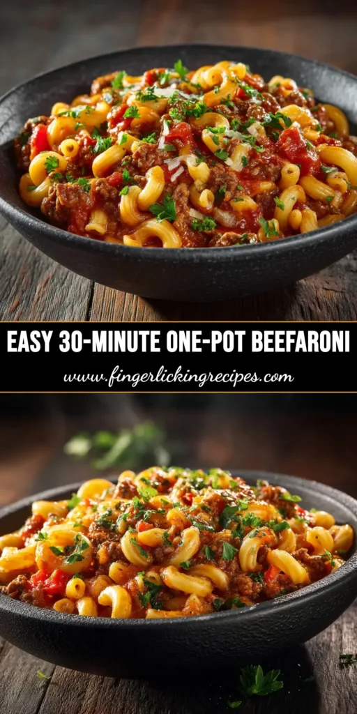 A large white skillet filled with delicious One Pot Beefaroni, garnished with fresh parsley. The perfect easy weeknight dinner recipe.