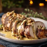 Juicy, pan-seared pork tenderloin medallions sliced and fanned out on a platter before the creamy dijon sauce is added.