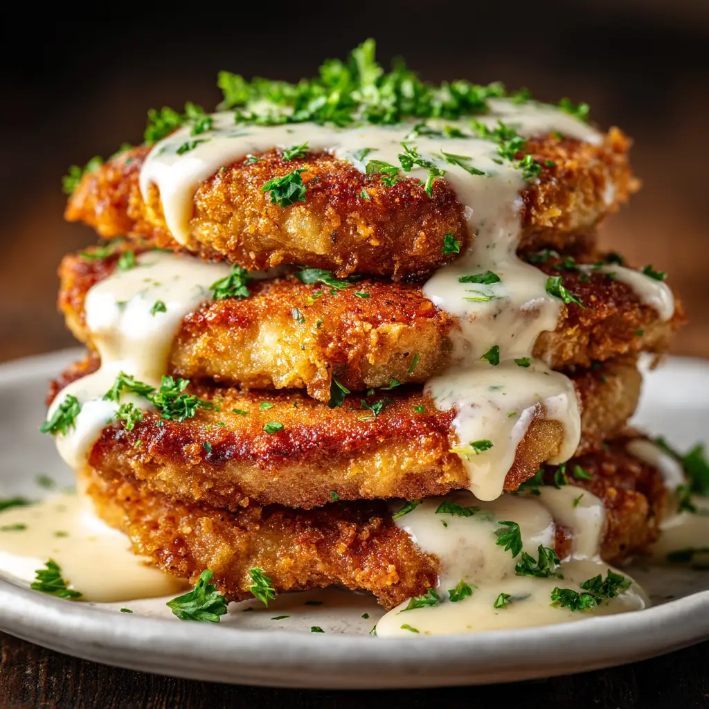 A detailed shot of the crispy Panko breadcrumb and Parmesan cheese coating on a piece of chicken before baking, showing the texture of the breading.