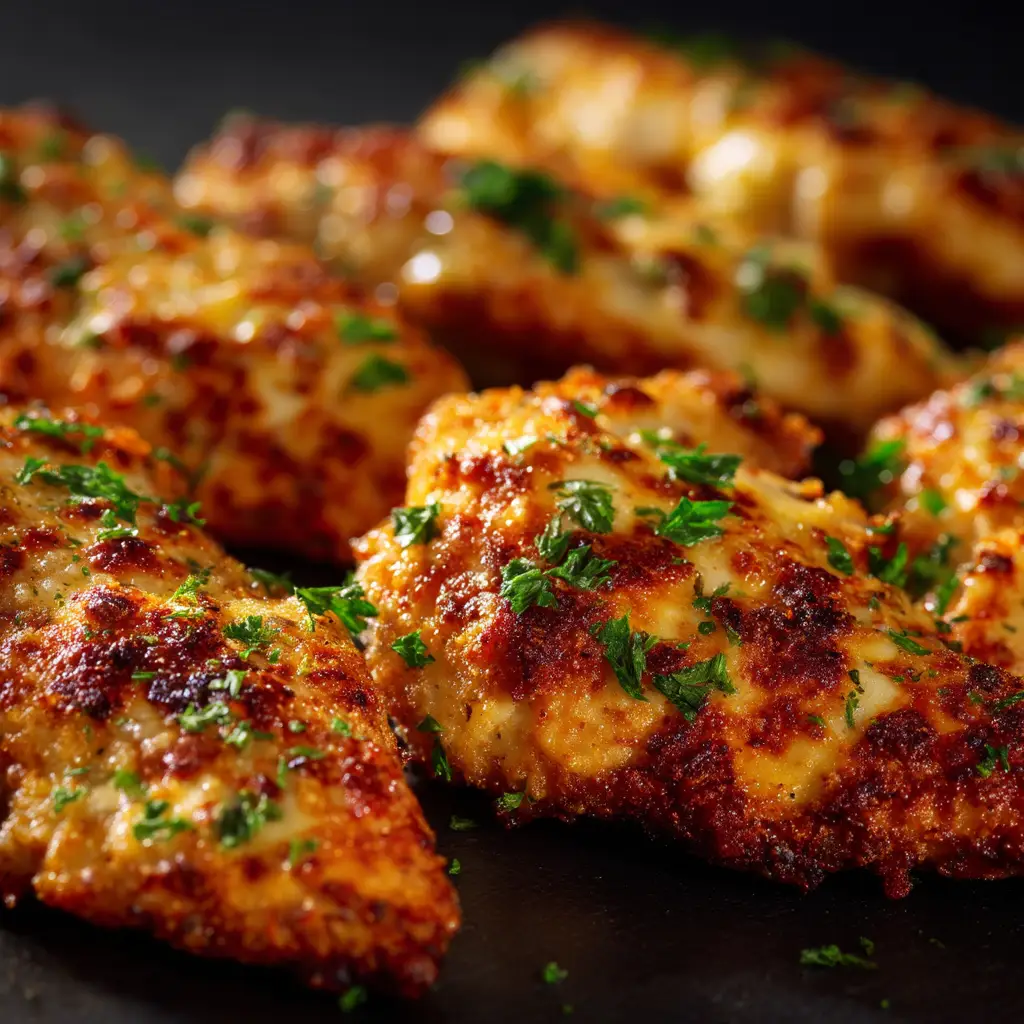 Several pieces of Parmesan Crusted Chicken arranged on a platter, ready to be served for a family dinner.