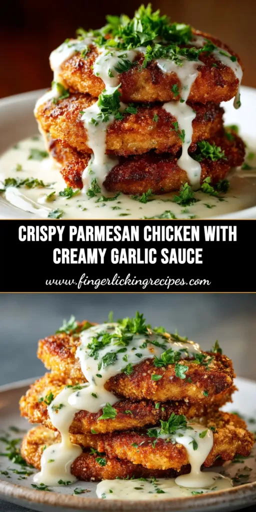 A close-up shot of perfectly golden-brown Parmesan Crusted Chicken, sliced to show the juicy interior, served on a white plate with fresh parsley garnish.