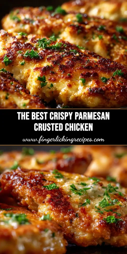 A golden-brown, crispy Parmesan Crusted Chicken breast sliced to show a juicy interior, served on a white plate with a side of pasta.