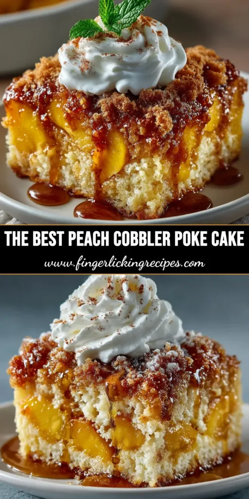 A slice of delicious peach cobbler poke cake on a white plate, showing the moist cake layers, creamy filling, and crunchy topping.