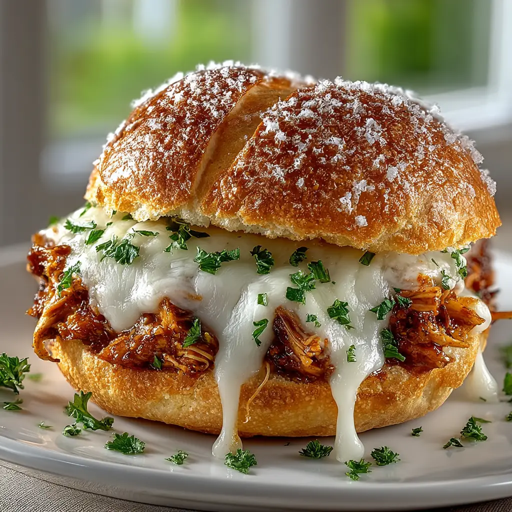 A mouth-watering close-up of the finished slow cooker pulled chicken sandwich, showcasing the texture of the shredded meat and the soft brioche bun.