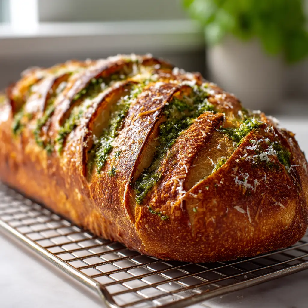 A close-up shot of a sliced Pesto Parmesan Sourdough loaf, highlighting the cheesy, herby interior and the crispy crust.