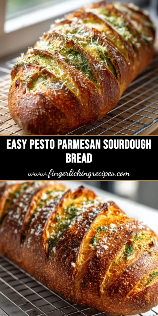 A beautiful golden-brown loaf of Pesto Parmesan Sourdough bread on a wooden board, with a slice cut to show the green pesto swirl inside.